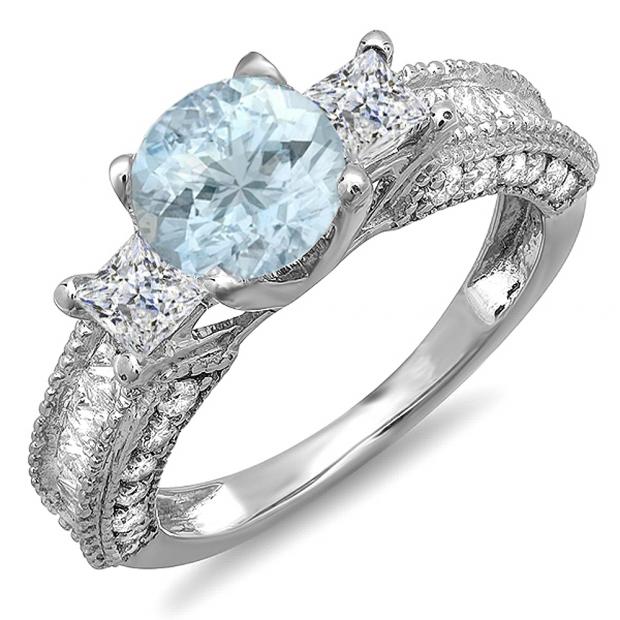 3.15 Carat (ctw) 14k White Gold Round Blue Aquamarine & Princess White Diamond Ladies 3 Stone Engagement Bridal Ring