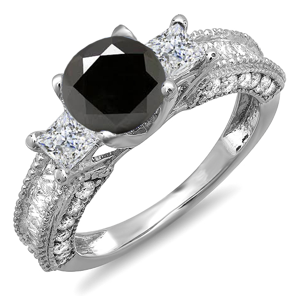 3.15 Carat (ctw) 14k White Gold Round Black & Princess White Diamond Ladies 3 Stone Engagement Bridal Ring