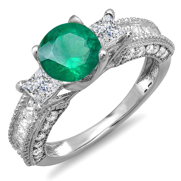 3.15 Carat (ctw) 14k White Gold Round Green Emerald & Princess White Diamond Ladies 3 Stone Engagement Bridal Ring