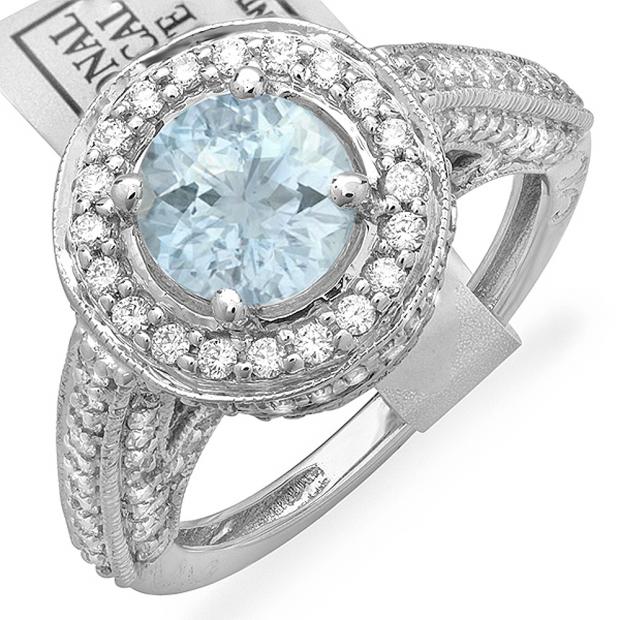 2.56 Carat (ctw) 14K White Gold Round Aquamarine & White Diamond Ladies Vintage Halo Style Engagement Bridal Ring
