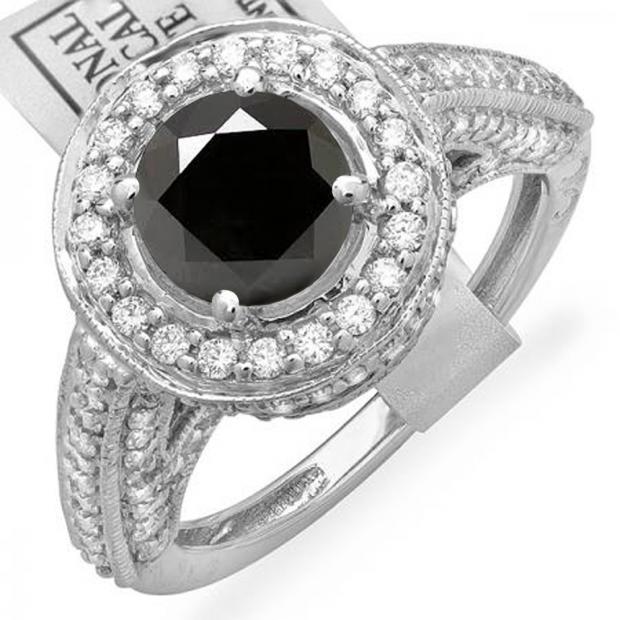 2.56 Carat (ctw) 14K White Gold Round Black & White Diamond Ladies Vintage Halo Style Engagement Bridal Ring