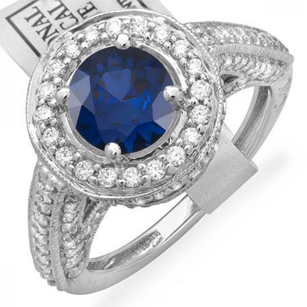 2.56 Carat (ctw) 18K White Gold Round Blue Sapphire & White Diamond Ladies Vintage Halo Style Engagement Bridal Ring