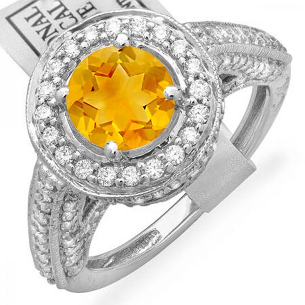 2.56 Carat (ctw) 18K White Gold Round Yellow Citrine & White Diamond Ladies Vintage Halo Style Engagement Bridal Ring