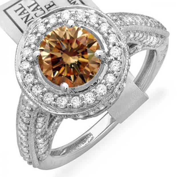 2.56 Carat (ctw) 14K White Gold Round Champagne & White Diamond Ladies Vintage Halo Style Engagement Bridal Ring