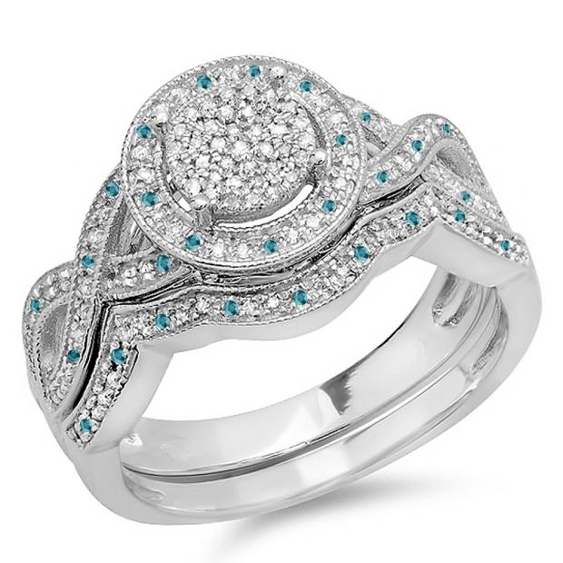 0.55 Carat (ctw) 10K White Gold Round Blue And White Diamond Womens Micro Pave Engagement Ring Set 1/2 CT