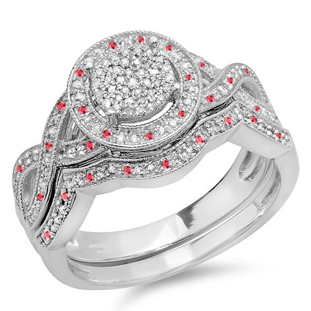 0.55 Carat (ctw) Sterling Silver Round Ruby And White Diamond Womens Micro Pave Engagement Ring Set 1/2 CT