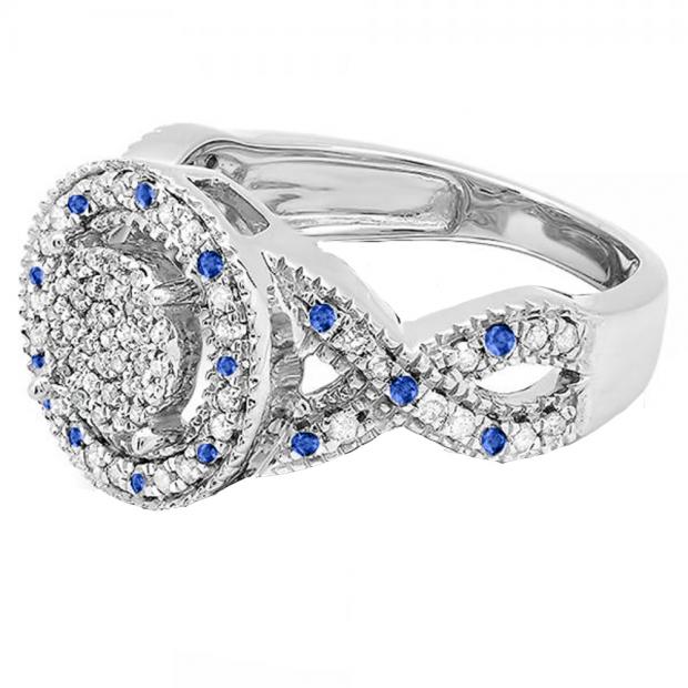0.40 Carat (ctw) Sterling Silver Round Blue Sapphire And White Diamond Womens Micro Pave Engagement Ring