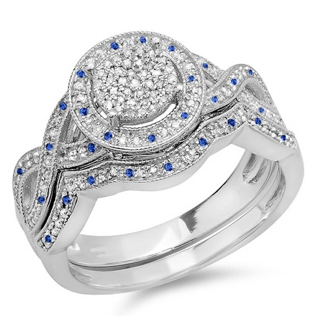 0.55 Carat (ctw) Sterling Silver Round Blue Sapphire And White Diamond Womens Micro Pave Engagement Ring Set 1/2 CT