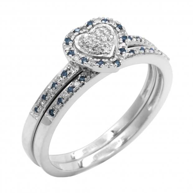 0.23 Carat (ctw) Sterling Silver Round Blue & White Diamond Ladies Heart Shaped Bridal Engagement Ring With Matching Band Set 1/4 CT