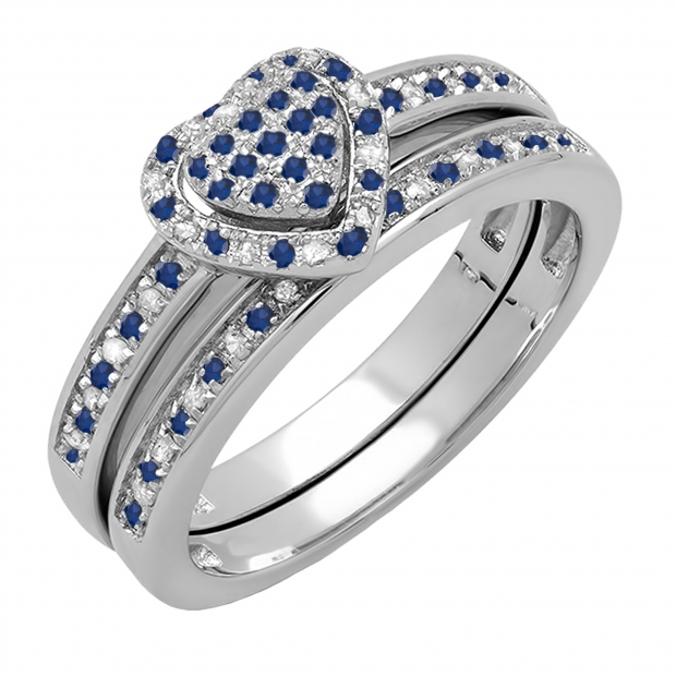 1.00 Carat (ctw) 14K White Gold Round Blue Sapphire & White Diamond Ladies Heart Shaped Bridal Engagement Ring With Matching Band Set 1/4 CT