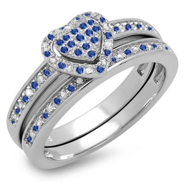 0.23 Carat (ctw) Sterling Silver Round Blue Sapphire & White Diamond Ladies Heart Shaped Bridal Engagement Ring With Matching Band Set 1/4 CT