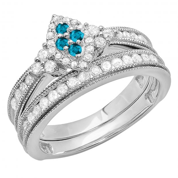 0.80 Carat (ctw) Sterling Silver Round Blue & White Diamond Ladies Bridal Marquise Shape Promise Engagement Ring Set With Matching Band 3/4 CT
