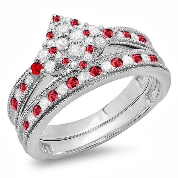0.80 Carat (ctw) 10K White Gold Round Ruby & White Diamond Ladies Bridal Marquise Shape Promise Engagement Ring Set With Matching Band 3/4 CT
