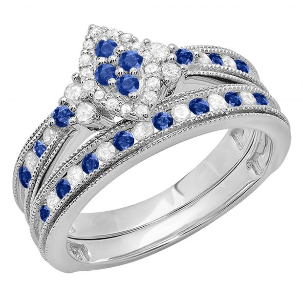 0.80 Carat (ctw) Sterling Silver Round Blue Sapphire & White Diamond Ladies Bridal Marquise Shape Promise Engagement Ring Set With Matching Band 3/4 CT
