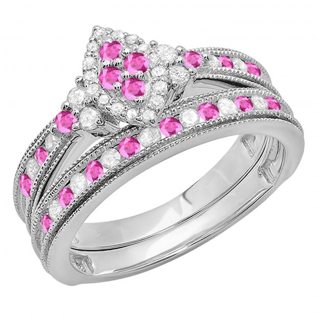 0.80 Carat (ctw) Sterling Silver Round Pink Sapphire & White Diamond Ladies Bridal Marquise Shape Promise Engagement Ring Set With Matching Band 3/4 CT