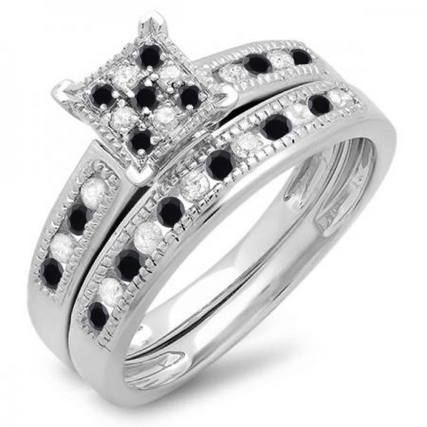 0.50 Carat (ctw) Round Black & White Diamond Engagement Bridal Ring Set 1/2 CT 14K White Gold
