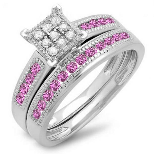 0.50 Carat (ctw) Sterling Silver Round Pink Sapphire & White Diamond Ladies Engagement Bridal Ring Set Matching Wedding Band 1/2 CT