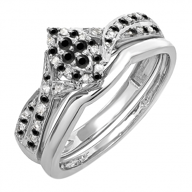 0.33 Carat (ctw) 10K White Gold Round Black & White Diamond Ladies Marquise Shape Bridal Promise Engagement Ring Set With Matching Band 1/3 CT