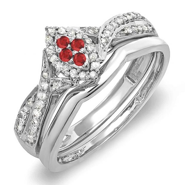 0.33 Carat (ctw) Sterling Silver Round Ruby & White Diamond Ladies Marquise Shape Bridal Promise Engagement Ring Set With Matching Band 1/3 CT