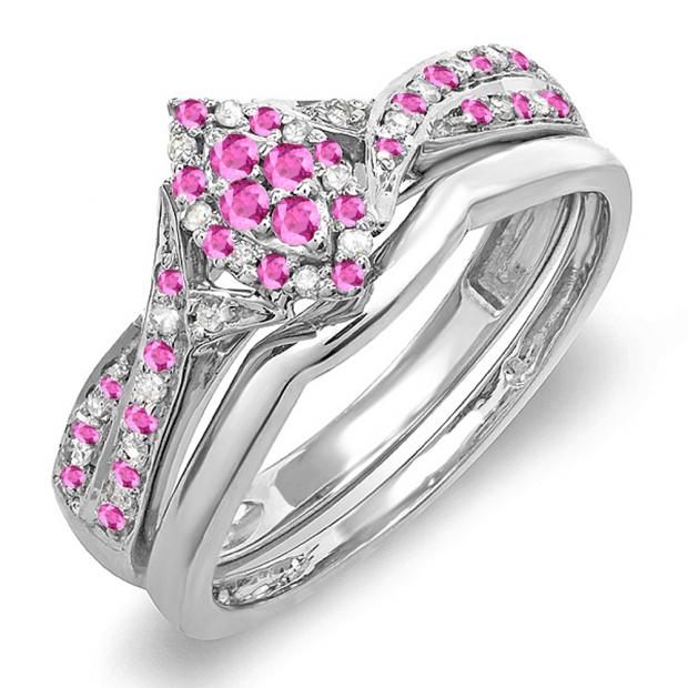 0.33 Carat (ctw) 10K White Gold Round Pink Sapphire & White Diamond Ladies Marquise Shape Bridal Promise Engagement Ring Set With Matching Band 1/3 CT