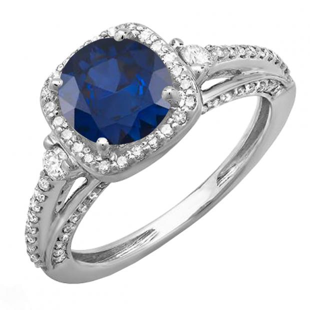 2.10 Carat (ctw) 14k White Gold Round Blue Sapphire & White Diamond Ladies Engagement Halo Bridal Ring