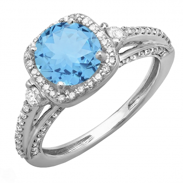 2.10 Carat (ctw) 14k White Gold Round Blue Topaz & White Diamond Ladies Engagement Halo Bridal Ring
