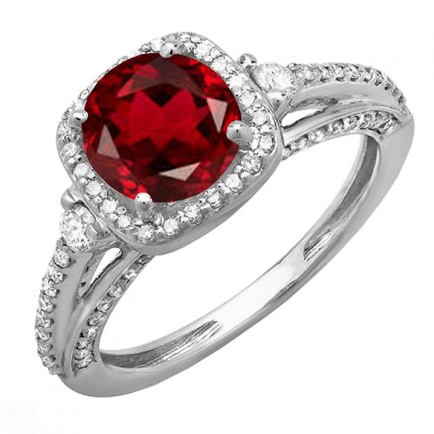 2.10 Carat (ctw) 14k White Gold Round Red Garnet & White Diamond Ladies Engagement Halo Bridal Ring