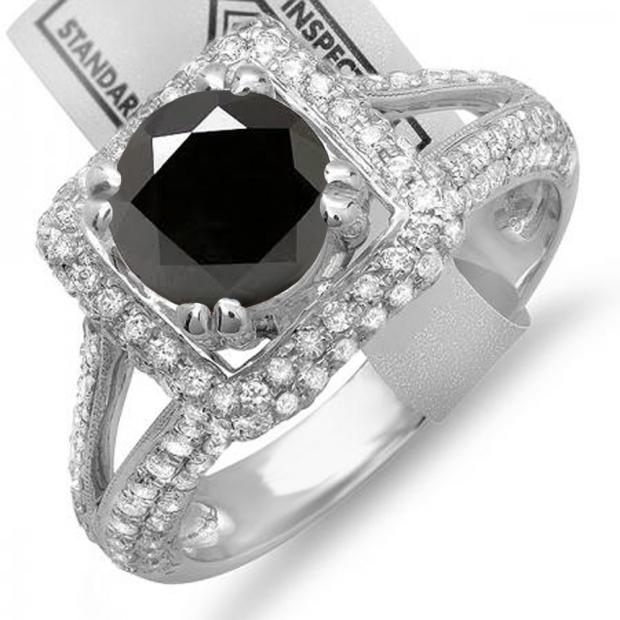 2.50 Carat (ctw) 14K White Gold Round Black & White Diamond Halo Style Engagement Bridal Ring