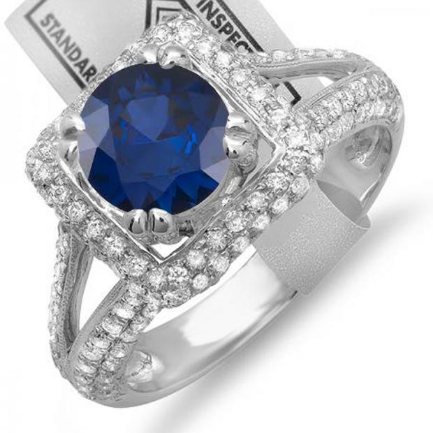 2.50 Carat (ctw) 14K White Gold Round Blue Sapphire & White Diamond Halo Style Engagement Bridal Ring