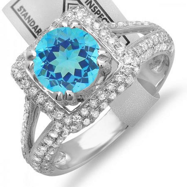 2.50 Carat (ctw) 18K White Gold Round Blue Topaz & White Diamond Halo Style Engagement Bridal Ring