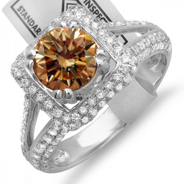 2.50 Carat (ctw) 14K White Gold Round Champagne & White Diamond Halo Style Engagement Bridal Ring