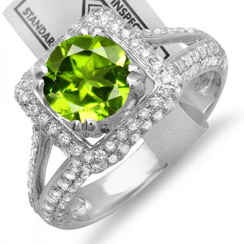 14K White Gold Round Green Peridot & White Diamond Halo Style Engagement Bridal Ring