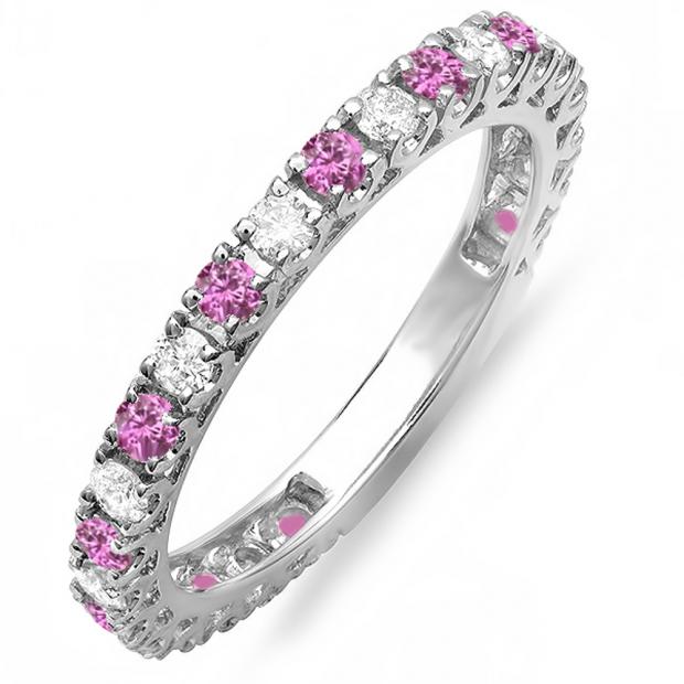 1.00 Carat (ctw) 14K White Gold Round Pink Sapphire & White Diamond Eternity Sizeable Stackable Ring Anniversary Wedding Band 1 CT