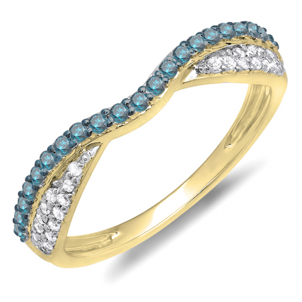 0.36 Carat (ctw) 10k Yellow Gold Round Blue & White Diamond Ladies Anniversary Wedding Band Stackable Ring 1/3 CT