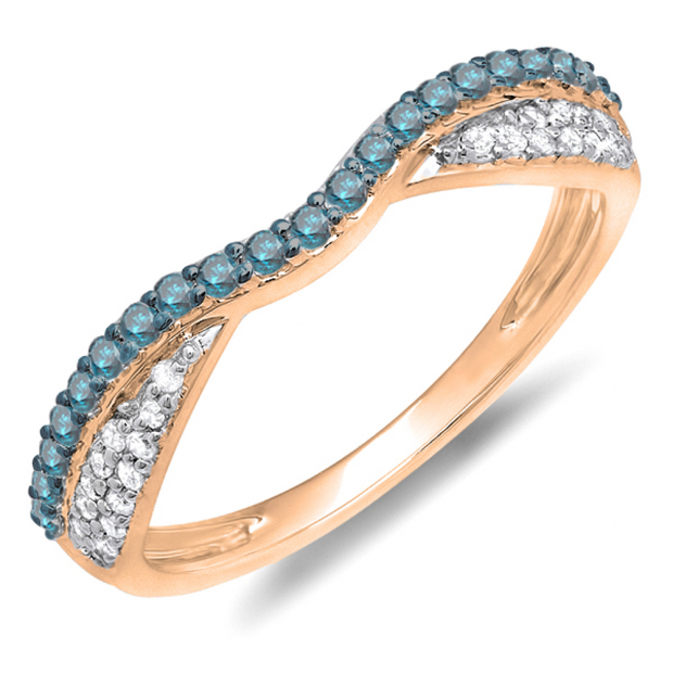 0.36 Carat (ctw) 14k Rose Gold Round Blue & White Diamond Ladies Anniversary Wedding Band Stackable Ring 1/3 CT