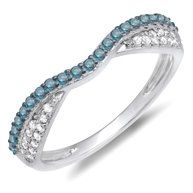 0.36 Carat (ctw) 14k White Gold Round Blue & White Diamond Ladies Anniversary Wedding Band Stackable Ring 1/3 CT
