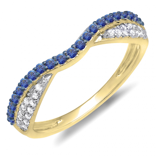 0.36 Carat (ctw) 10k Yellow Gold Round Blue Sapphire & White Diamond Ladies Anniversary Wedding Band Stackable Ring 1/3 CT