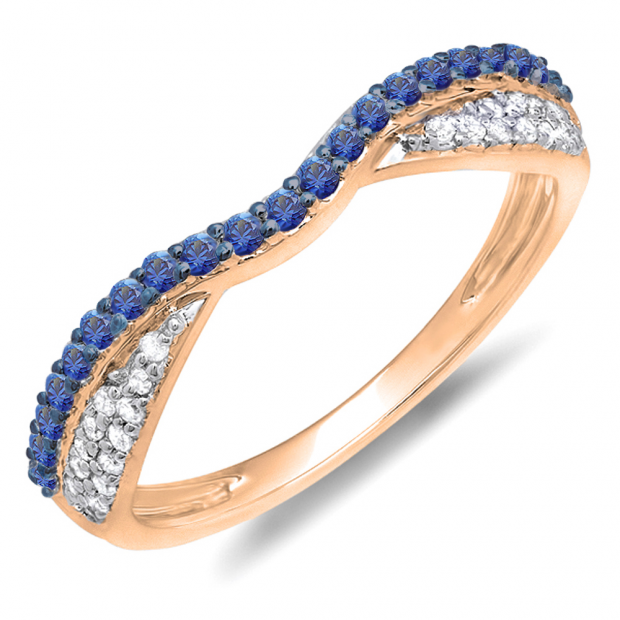 0.36 Carat (ctw) 18k Rose Gold Round Blue Sapphire & White Diamond Ladies Anniversary Wedding Band Stackable Ring 1/3 CT