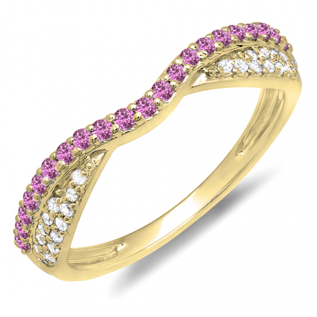 0.36 Carat (ctw) 10k Yellow Gold Round Pink Sapphire & White Diamond Ladies Anniversary Wedding Band Stackable Ring 1/3 CT