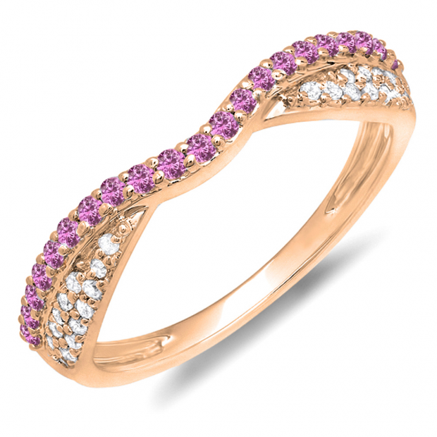 0.36 Carat (ctw) 14k Rose Gold Round Pink Sapphire & White Diamond Ladies Anniversary Wedding Band Stackable Ring 1/3 CT