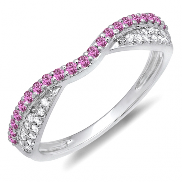 0.36 Carat (ctw) 14k White Gold Round Pink Sapphire & White Diamond Ladies Anniversary Wedding Band Stackable Ring 1/3 CT