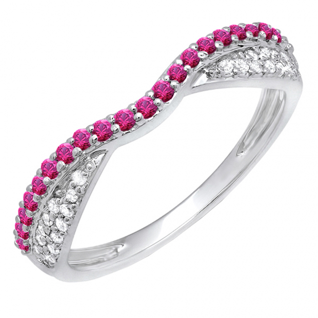 0.36 Carat (ctw) 14k White Gold Round Red Ruby & White Diamond Ladies Anniversary Wedding Band Stackable Ring 1/3 CT