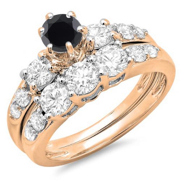 2.00 Carat (ctw) 14k Rose Gold Round Black & White Diamond Ladies 3 Stone Bridal Engagement Ring Matching Band Set 2 CT