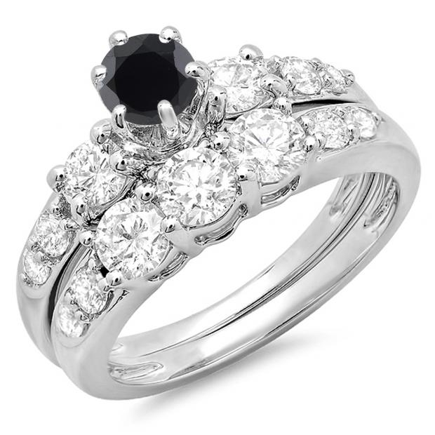 2.00 Carat (ctw) 14k White Gold Round Black & White Diamond Ladies 3 Stone Bridal Engagement Ring Matching Band Set 2 CT