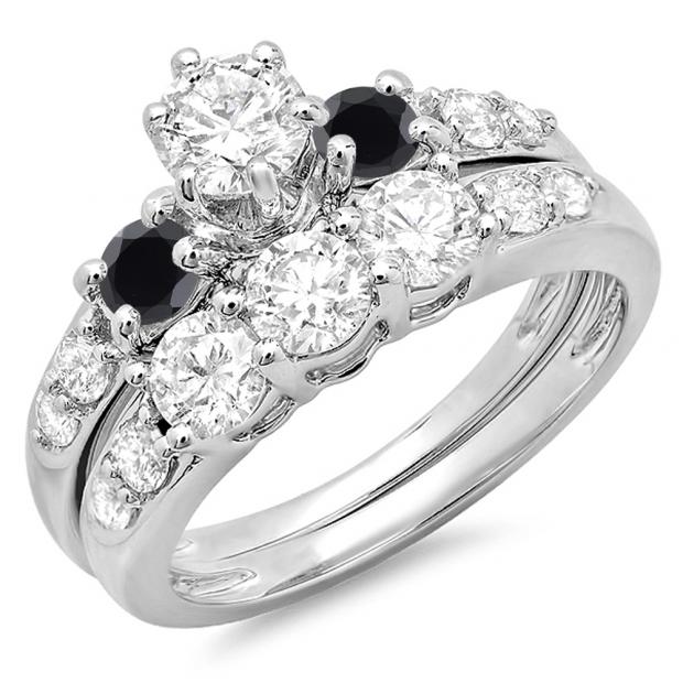 2.00 Carat (ctw) 14k White Gold Round Black & White Diamond Ladies 3 Stone Bridal Engagement Ring Matching Band Set 2 CT
