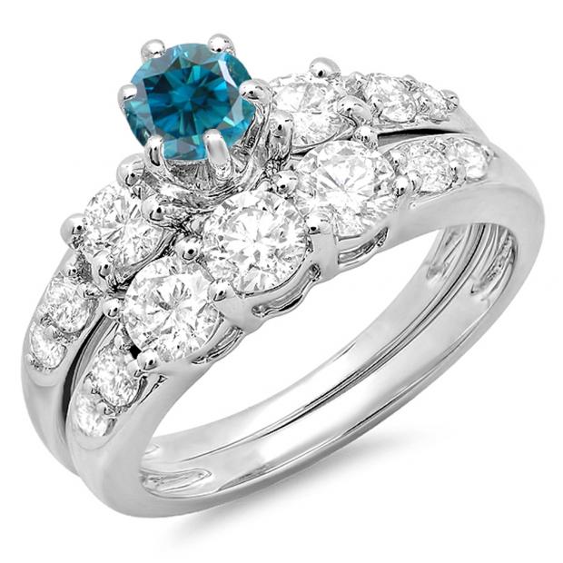 2.00 Carat (ctw) 10k White Gold Round Blue & White Diamond Ladies 3 Stone Bridal Engagement Ring Matching Band Set 2 CT