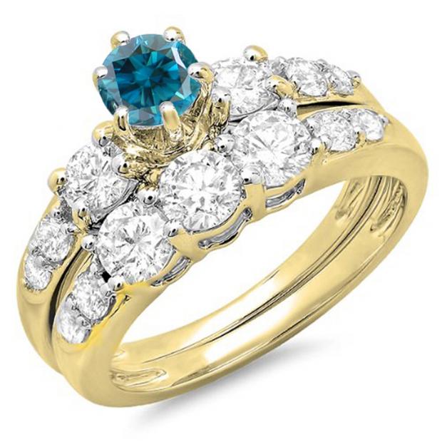 2.00 Carat (ctw) 14k Yellow Gold Round Blue & White Diamond Ladies 3 Stone Bridal Engagement Ring Matching Band Set 2 CT