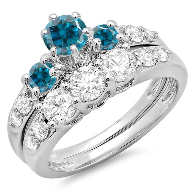 2.00 Carat (ctw) 14k White Gold Round Blue & White Diamond Ladies 3 Stone Bridal Engagement Ring Matching Band Set 2 CT