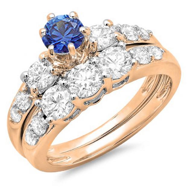 2.00 Carat (ctw) 10k Rose Gold Round Blue Sapphire & White Diamond Ladies 3 Stone Bridal Engagement Ring Matching Band Set 2 CT