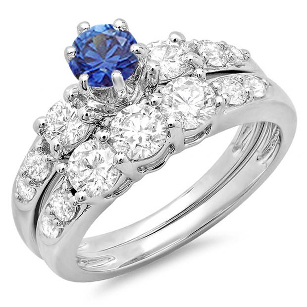 2.00 Carat (ctw) 14k White Gold Round Blue Sapphire & White Diamond Ladies 3 Stone Bridal Engagement Ring Matching Band Set 2 CT